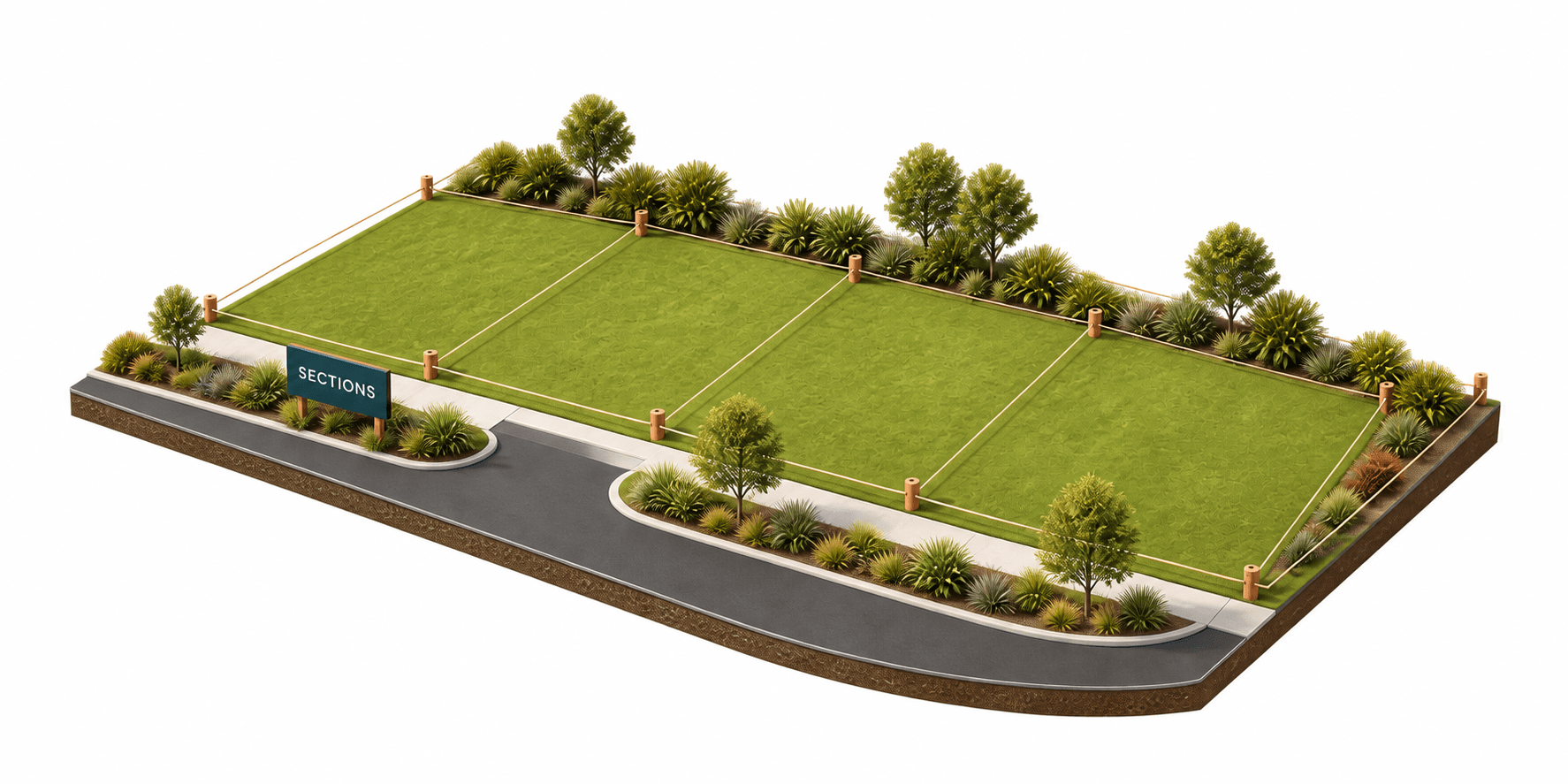 Illustrated vacant residential sections with native planting and a Sections sign